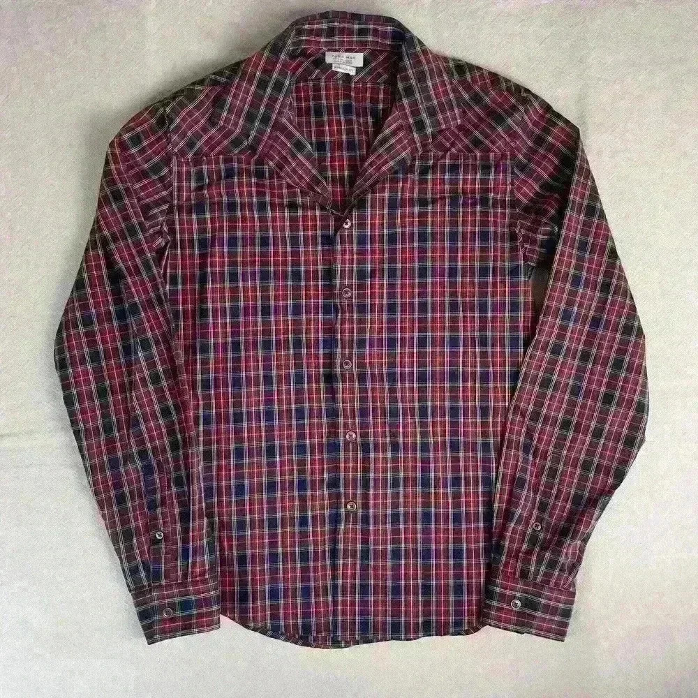 Zara Man Large Button Up Red‎ Plaid Super Slim Fit Long Sleeve Collared Shirt